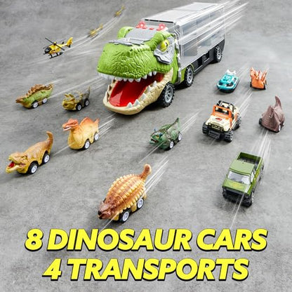 JOYIN 13 in 1 Dinosaur Toys for Kids 3-5, Dinosaur Truck with 12 Pull Back Cars, Dinosaur Cars Set, Birthday Gifts Toys for 3 4 5+ Year Old Boy, Transport Carrier Truck for Toddlers 3-4 Years