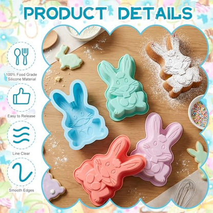 SiliFine 4 Packs Easter Silicone Molds Bunny Cake Pans Bunny Chocolate Molds Cute Rabbit Baking Pans Non-stick Silicone Trays for Baking Easter Day Party Baby Shower Birthday Cake Desserts Giant Gummy