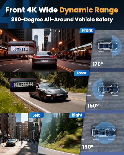 XYGCACO 4 Channel 360° Dash Cam Front and Rear, 4K+1080P*3 FHD Car Camera