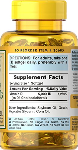 Puritan's Pride Vitamin D3 5,000 IU Bolsters Immunity for Immune System Support and Healthy Bones and Teeth Softgels, Packaging May Vary, Unflavored, 200 Count