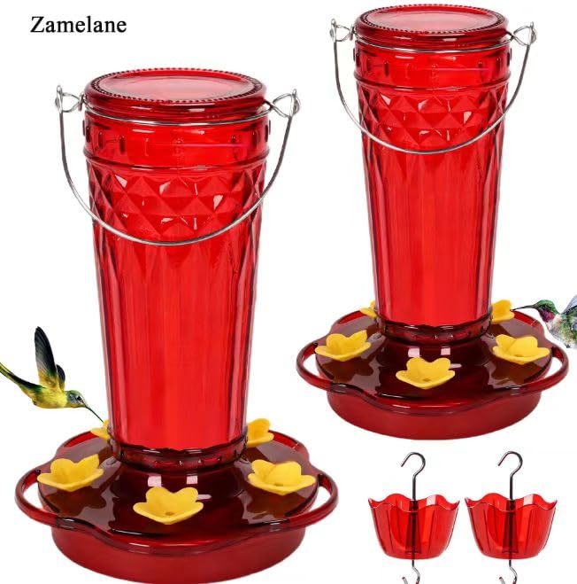 Zamelane Glass Hummingbird feeders for Outdoors 2pack-14Ounces，5 Feeding Ports Hummingbird Feeder,Wide Mouth for Easy Filling/Cleaning，Hanging for Garden Backyard Decor, Includes Ant Moat (Red，2Pack)