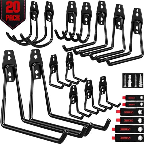20 Pack Heavy Duty Garage Storage Hooks with Extension Cord Organizer, Solid Steel Wall Mount Hook Set with Anti-Slip Coating Utility J Hooks for Ladders, Bikes, Ropes, Broom, Garden, Yard and Power Tools