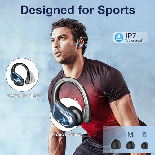 Wireless Earbud, Bluetooth 5.4 Headphones IP7 Waterproof Sport, 75Hrs Running Wireless Earphones with ENC Noise Canceling Mic, Deep Bass Over Ear bud with Earhooks for Android, iOS, Workout, Gym, Blue