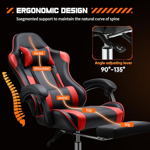 Sweetcrispy Video Game Desk Chair - Ergonomic Computer with Footrest and Comfy Lumbar Support, PU Leather Recliner with Headrest, Fixed Up Armrest, Height Adjustable with 360° Swivel, for Adults, Red