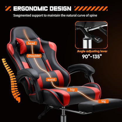 Sweetcrispy Video Game Desk Chair - Ergonomic Computer with Footrest and Comfy Lumbar Support, PU Leather Recliner with Headrest, Fixed Up Armrest, Height Adjustable with 360° Swivel, for Adults, Red
