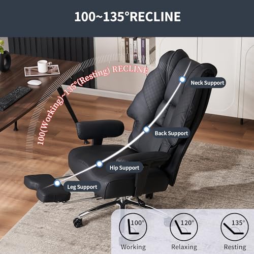 EXCEBET Big and Tall Office Chair 400lbs Wide Seat, Leather High Back Executive Office Chair with Foot Rest, Ergonomic Office Chair Lumbar Support for Lower Back Pain Relief (Black)