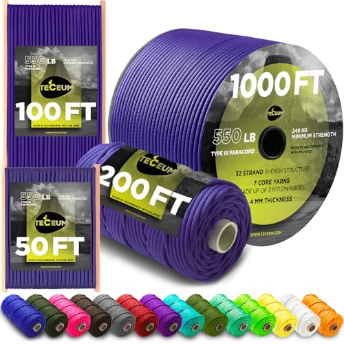 TECEUM Paracord Type III 550 Royal Blue – 50 ft – 4mm – Tactical Rope MIL-SPEC – Outdoor para Cord – Camping Hiking Fishing Gear – EDC Parachute Cord – Strong Survival Rope 376