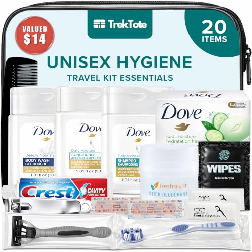 TrekTote 20 Piece Unisex Travel Hygiene Kit with Toiletries & Personal Care Essentials, TSA-Compliant, Individual and Bulk Packs Available