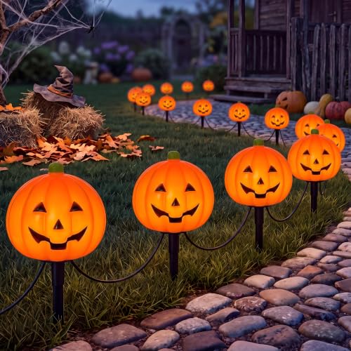 Halloween Pumpkin Pathway Lights Outdoor, 7Ft 4PK LED Pumpkin Stake Lights