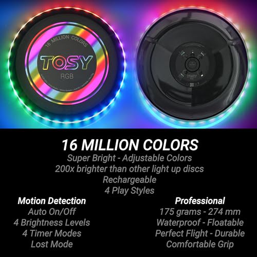 TOSY Flying Disc - 16 Million Color RGB or 36 LEDs, Extremely Bright, Smart Modes, Auto Light Up, Rechargeable, Easter, Birthday & Camping Gift for Men/Boys/Girls/Teens/Kids, 175g