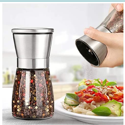 Ebaco Professional Pepper Grinder - with Germany Hardened Carbon Steel Mechanism Rotor, Refillable Pepper Mill 6OZ Glass Adjust Coarseness (1PCS-Sliver-304）