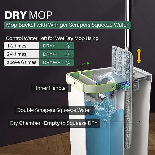 JOYMOOP Mop and Bucket with Wringer Set, White Flat Squeeze Bucket Set for Floor Cleaning, Wet Dry Wall Cleaner with Long Handle, Hardwood Floor Mop-3 Microfiber Cloths