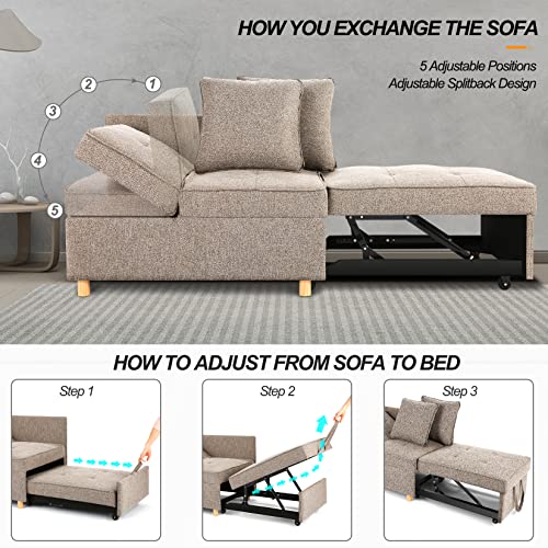 SEJOV Sofa Bed Chair 4-in-1 Convertible Chair Bed, 3-Seat linen Fabric loveseat Sofa with 2 Throw Pillow, Single Recliner for Small Space with 5 Adjustable Backrest, Brown Grey