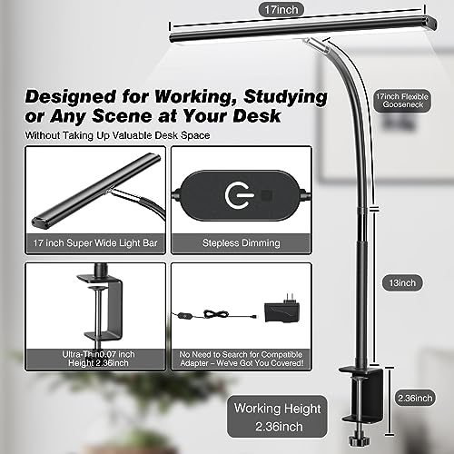 Airlonv LED Desk Lamp for Office Home, Eye-Caring Desk Light with Stepless Dimming Adjustable Flexible Gooseneck, 10W USB Adapter Desk Lamp with Clamp for Reading, Study, Workbench (Black)