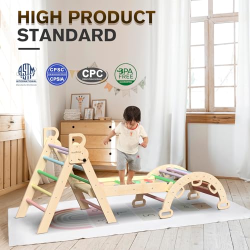 BlueWood Pikler Triangle Set 7in1 Foldable Baby Climbing Toys Wooden Montessori Climbing Set with Arch&Ramp&Ladder Baby Climber Indoor Jungle Gyms for Toddlers Montessori Toys - Rainbow