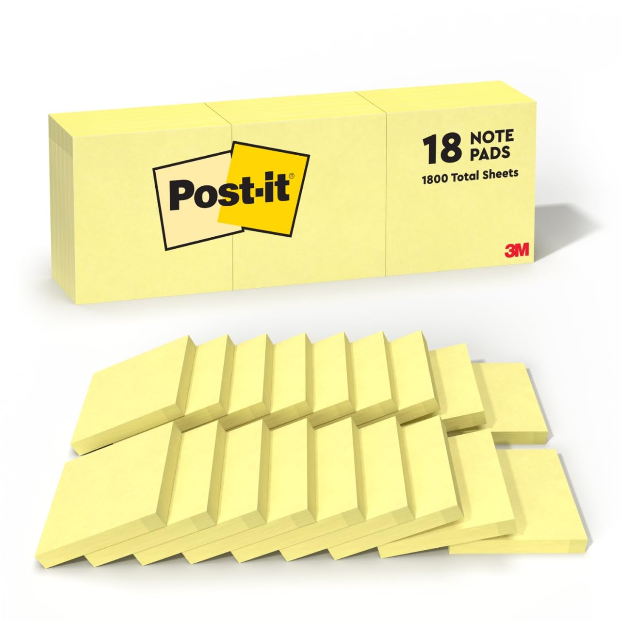 Post-it Notes, 3 in x 3 in, 18 Sticky Notes Pads, 100 Sheets per Pad, The Iconic Canary Yellow Note, Back to School Supplies and Oﬃce Products