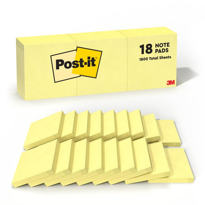 Post-it Notes, 3 in x 3 in, 18 Sticky Notes Pads, 100 Sheets per Pad, The Iconic Canary Yellow Note, Back to School Supplies and Oﬃce Products