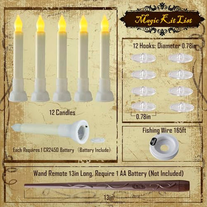 Homemory 12 Pcs Hanging Floating Candles with Wand Remote (Battery Include), Magic Deco Candles, Flameless Taper Candles Can be Used as Window Candles for Halloween Party Decor, Warm Yellow