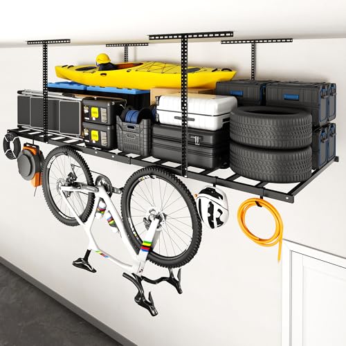 FLEXIMOUNTS 4x8 Overhead Garage Ceiling Storage Rack with 6 Hooks, Black