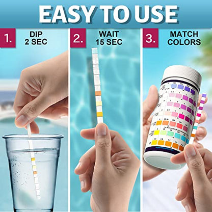 EASYTEST 7-Way Pool Test Strips, 150 Strips Water Chemical Testing for Hot tub and Spa, Accurate Test Bromine, Total Alkalinity, pH, Free Chlorine, Total Hardness, Cyanuric Acid, and Total Chlorine