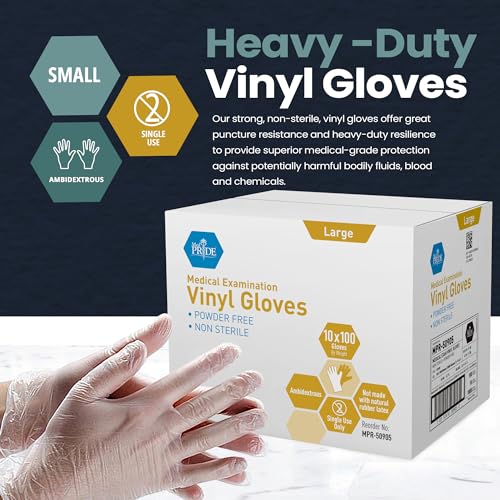 MED PRIDE Medical Vinyl Examination Gloves (Large, 1000-Count) Latex & Rubber Free, Ultra-Strong, Clear Disposable Powder-Free Gloves for Healthcare & Food Handling Use