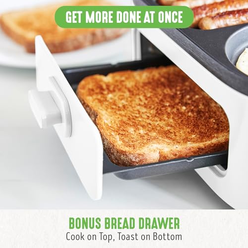 GreenLife 3-in-1 Breakfast Maker Station, Healthy Ceramic Nonstick Dual Griddles for Eggs Meat Sausage Bacon Pancakes and Breakfast Sandwiches, 2 Slice Toast Drawer, Easy-to-use Timer, White