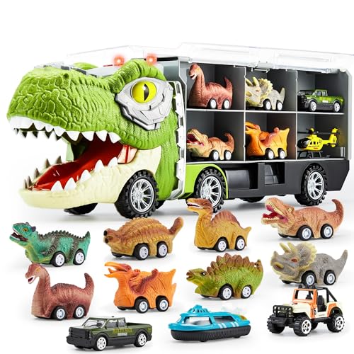 JOYIN 13 in 1 Dinosaur Toys for Kids 3-5, Dinosaur Truck with 12 Pull Back Cars, Dinosaur Cars Set, Birthday Gifts Toys for 3 4 5+ Year Old Boy, Transport Carrier Truck for Toddlers 3-4 Years