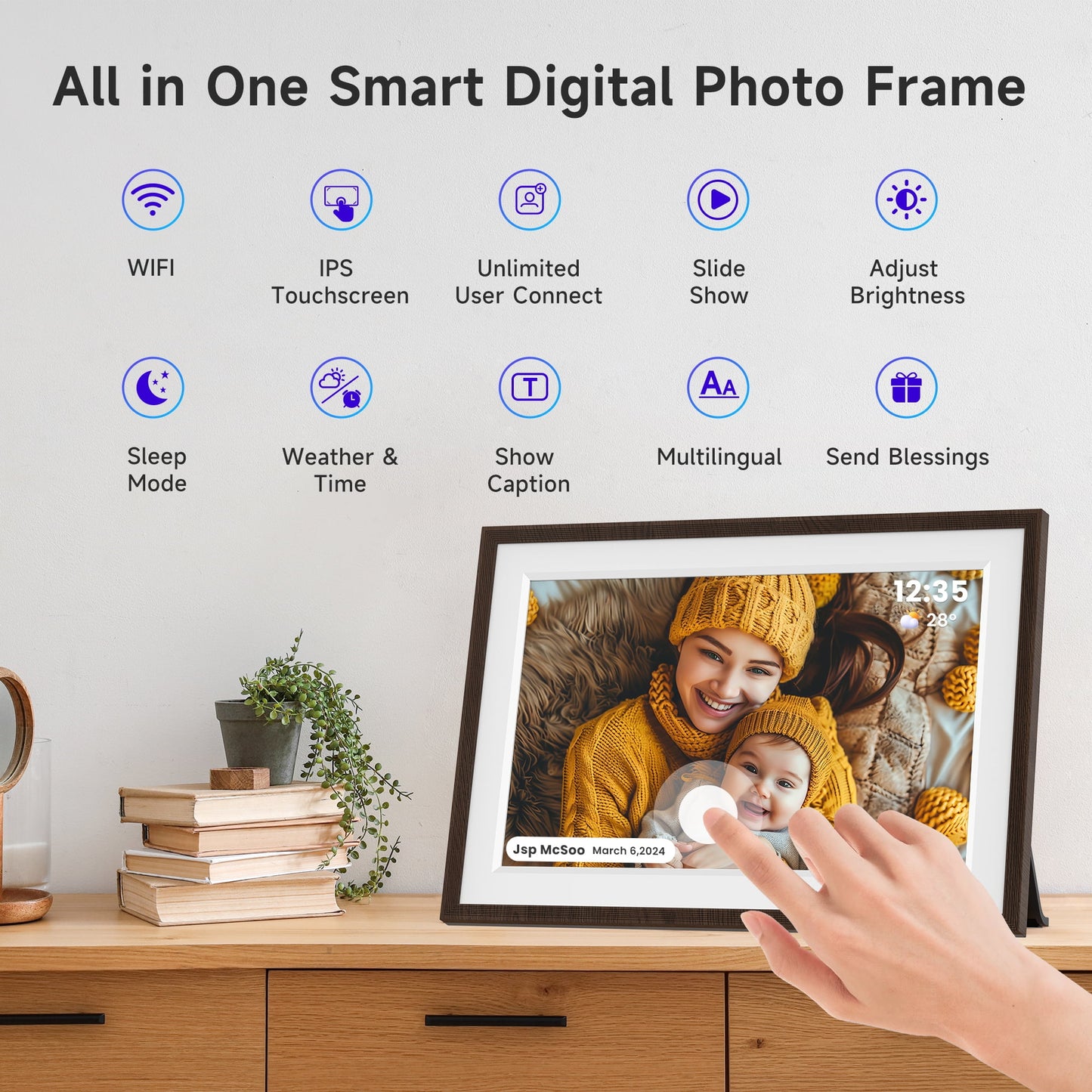 GIROOL Digital Picture Frame WiFi, Electronic Photo Frame with 10.1” IPS Smart Touch Screen, Built-in 32GB Memory, Share Anywhere via Uhale App, Perfect Gift! Woodgrain White