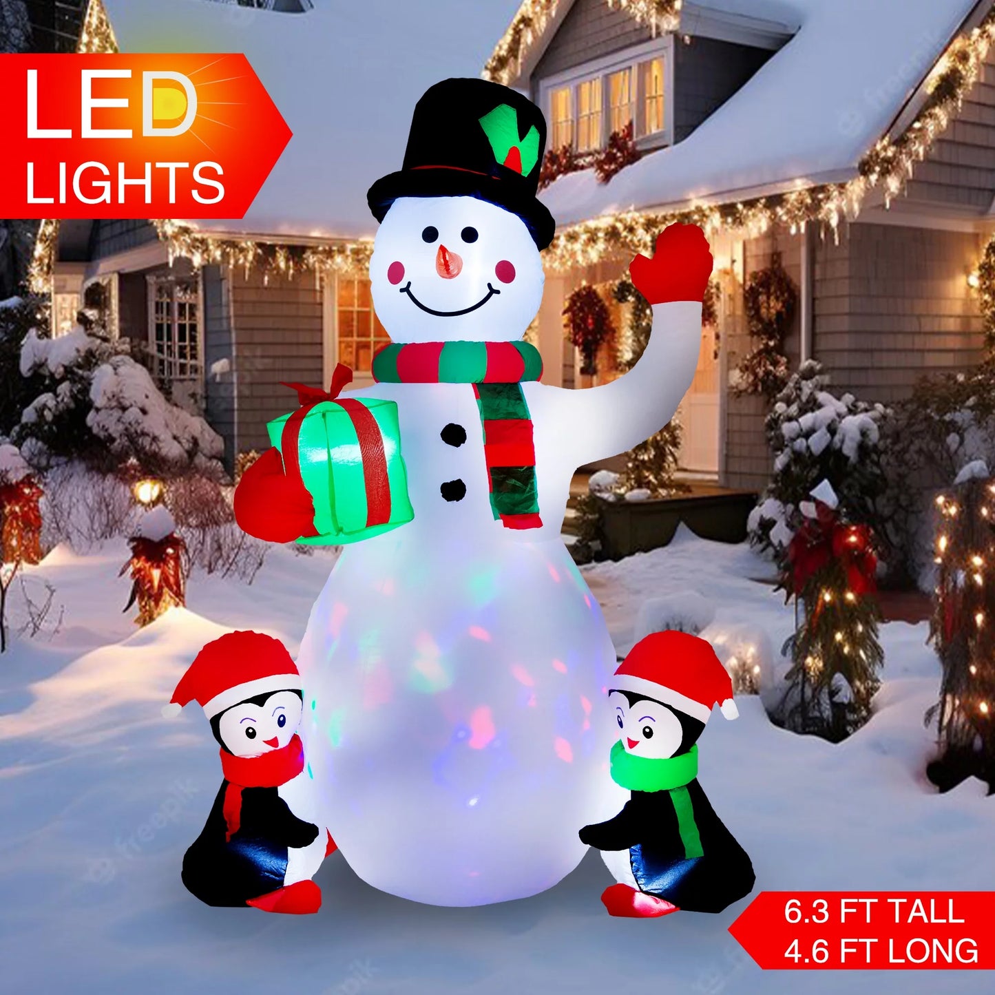 Yexmas 6.3FT Christmas  Inflatable Snowman with Penguins Gift Box, Blowup Christmas Decoration with LED Lights for Holiday/Party/Xmas/Yard/Garden Decorations