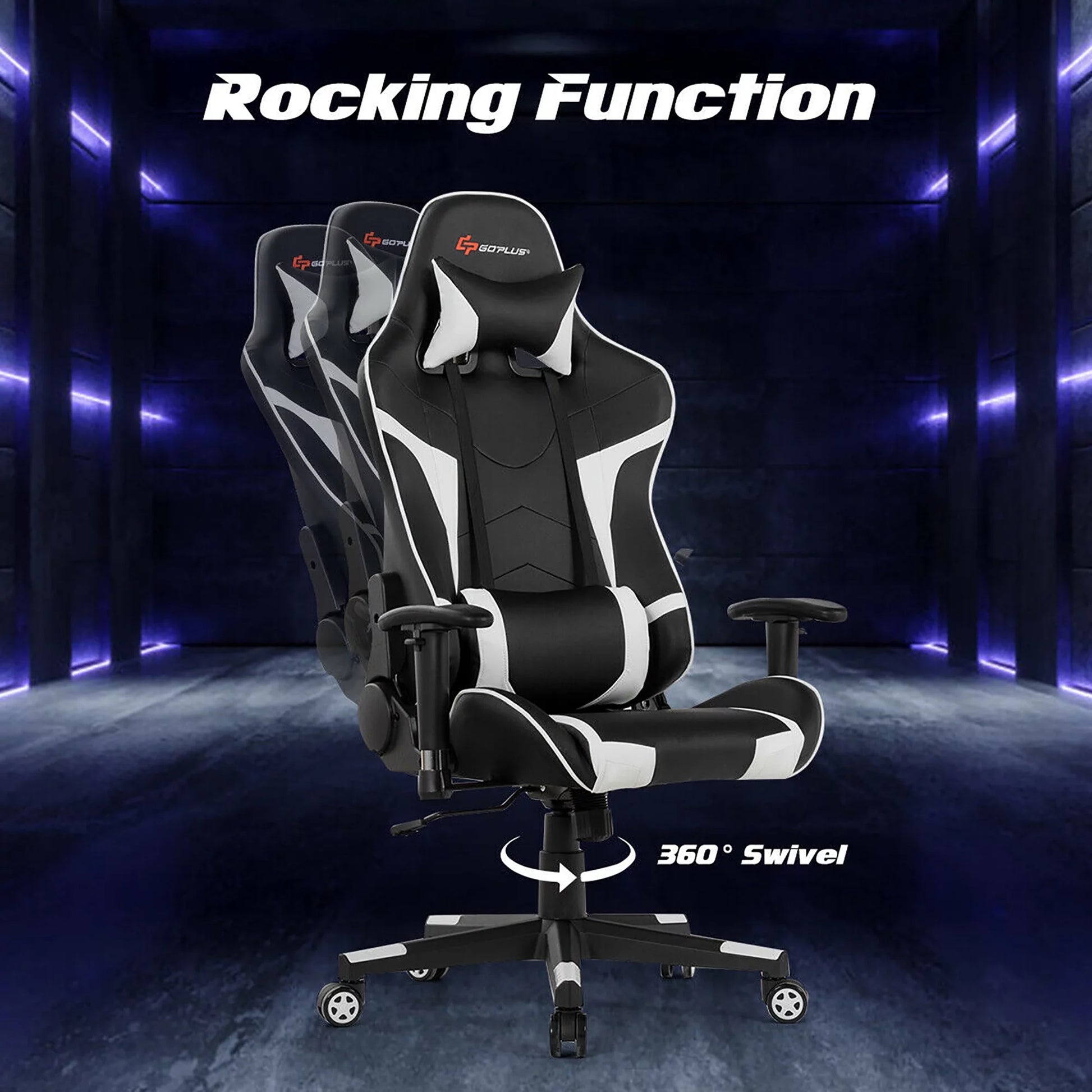 Goplus Massage Gaming Chair Racing Computer Swivel Chair with Headrest & Lumbar Support White