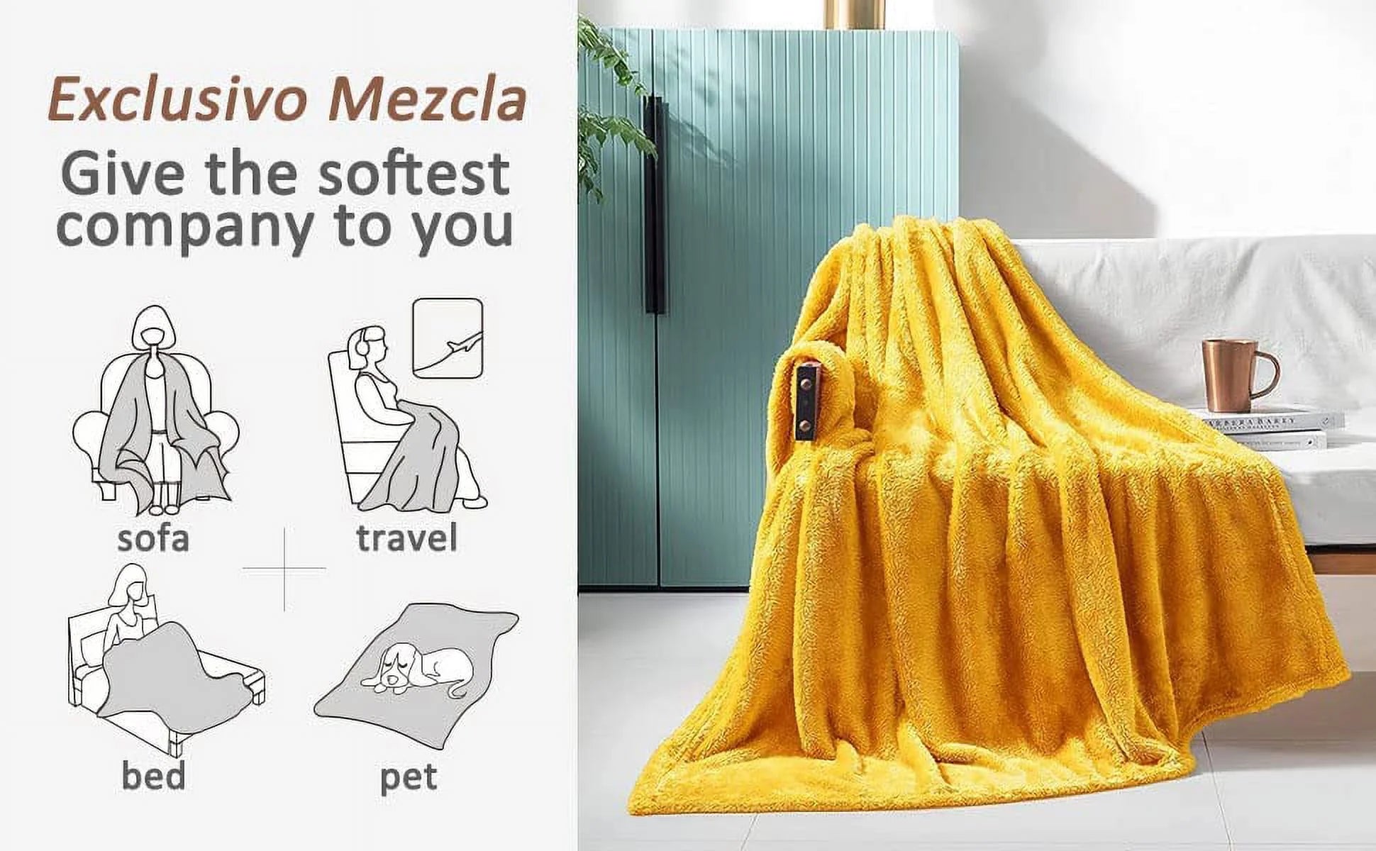 Exclusivo Mezcla Plush Fuzzy Large Fleece Throw Blanket (50" x 70",Mustard Yellow)- Soft, Warm& Lightweight