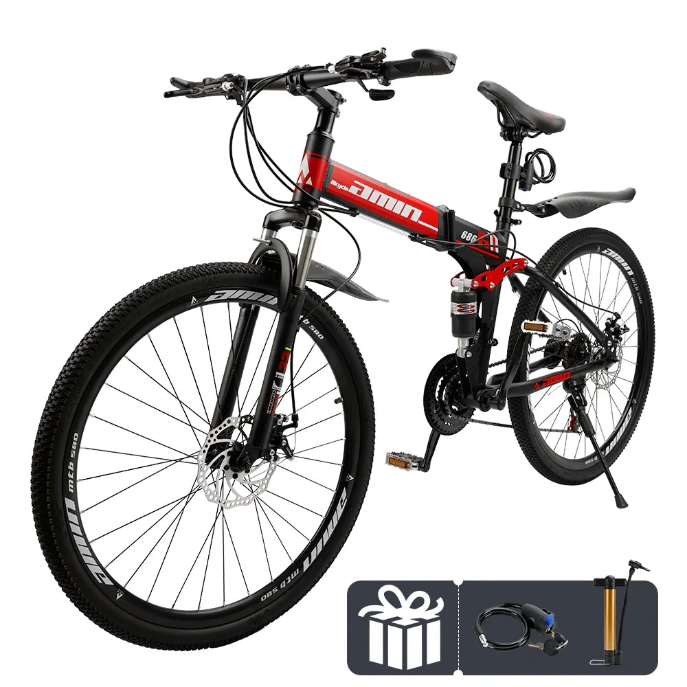 ARTUDATECH Full Suspension Mens Folding Mountain Bike, Shimano 21 Speed, 26 Inch Wheel, Dual Disc Brake Foldable Bike for Men Womens Adult Bicycle