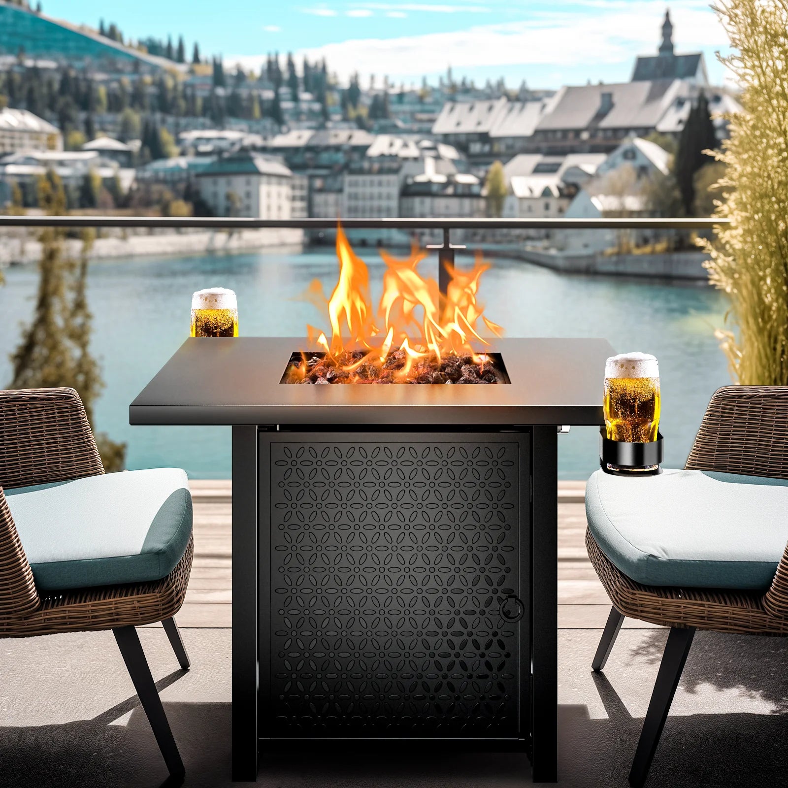 28 Inch Propane Fire Pits with Lid and Lava Rock, 50000 BTU Steel Gas Fire Pit Table for Outdoor