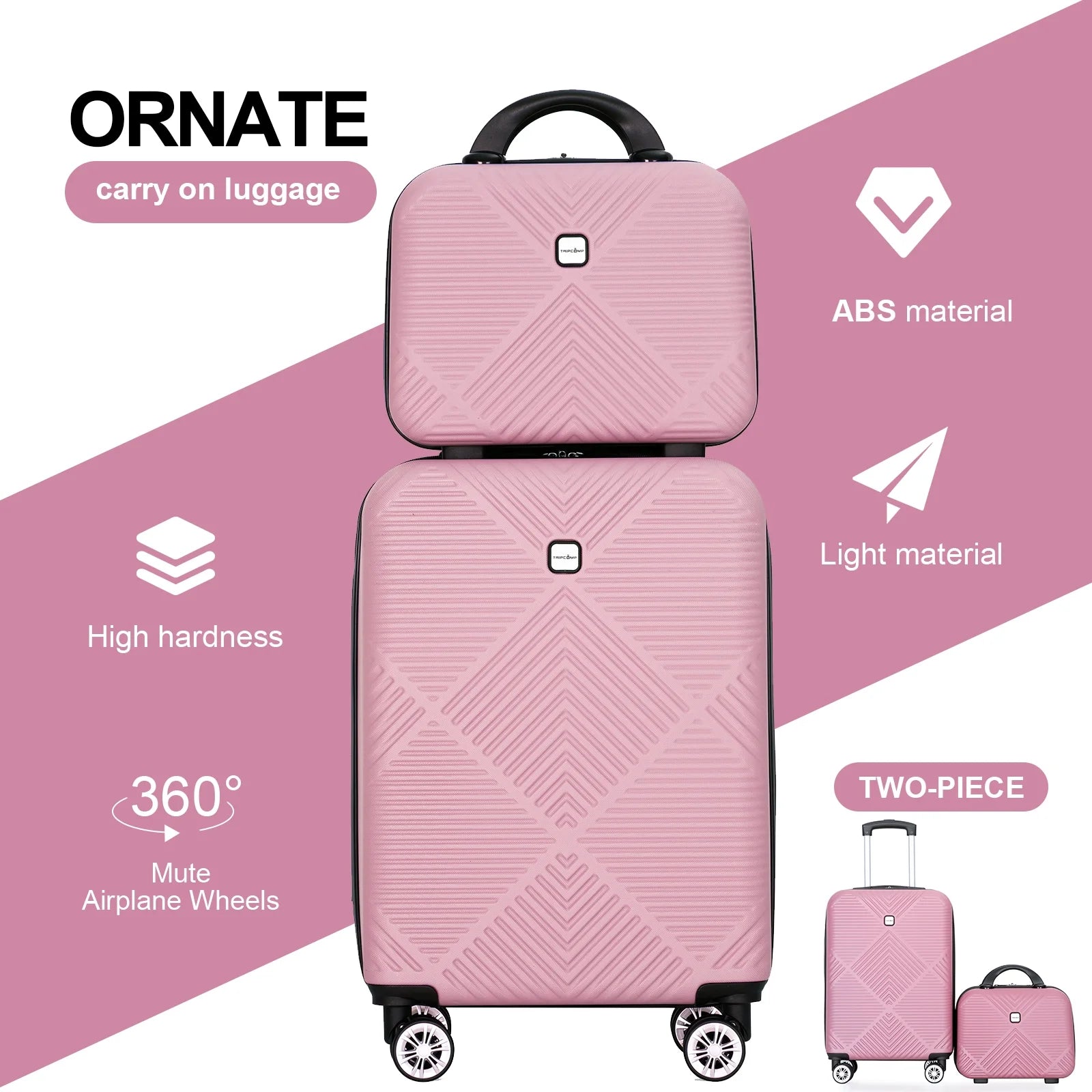 Tripcomp Luggage Sets 2 Piece Suitcase Set (14/20/)Hardside Suitcase with Spinner Wheels Lightweight Carry On Luggage(Pink)