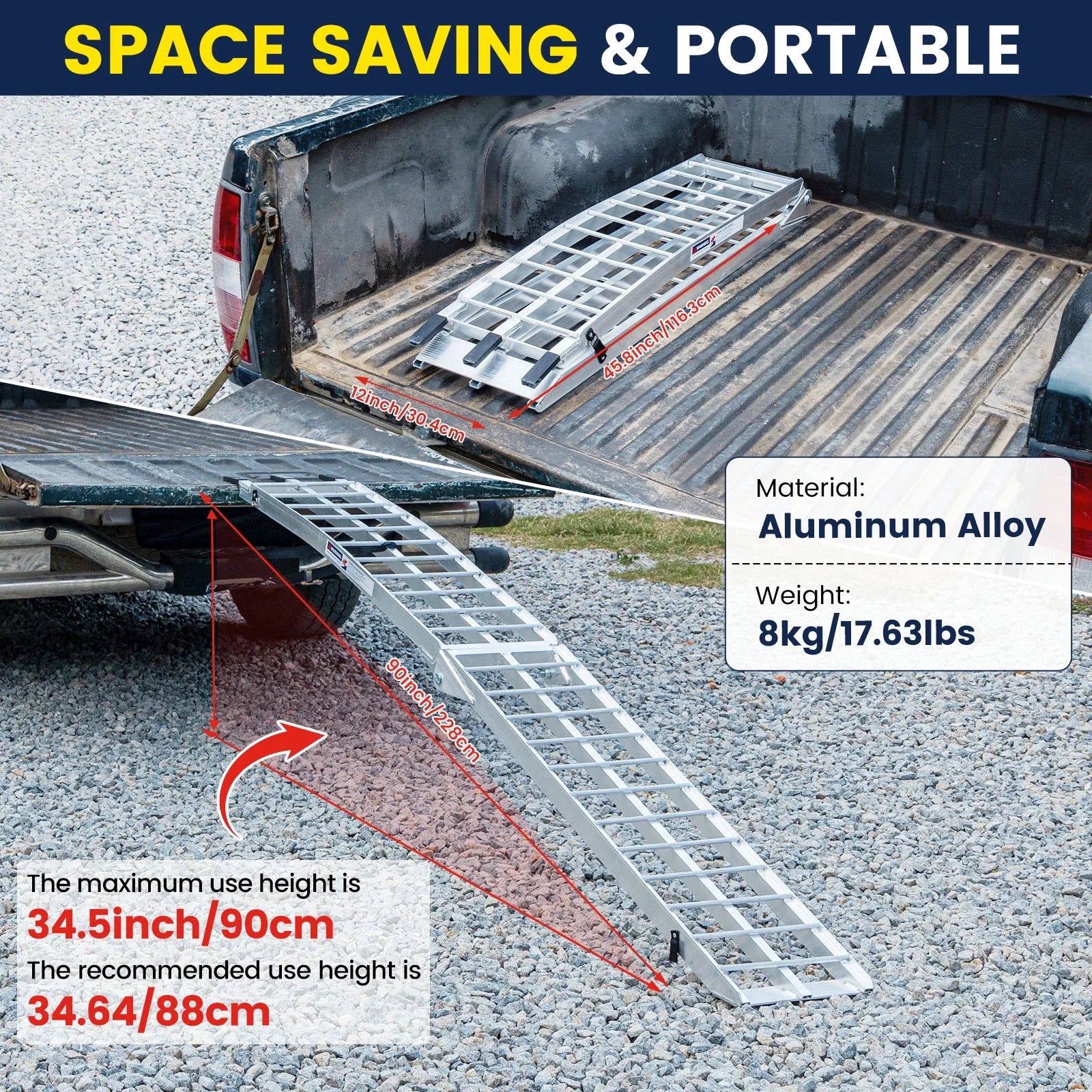 KROAK 1PC Aluminum Loading Ramps 850 lbs, 7.5 ft Folding Motorcycle Ramps, Trailer Ramps with Load Straps for Pickup Trucks, Bicycles, Trolleys, Dirt Bike, ATV/UTV, 90" L x 12" W