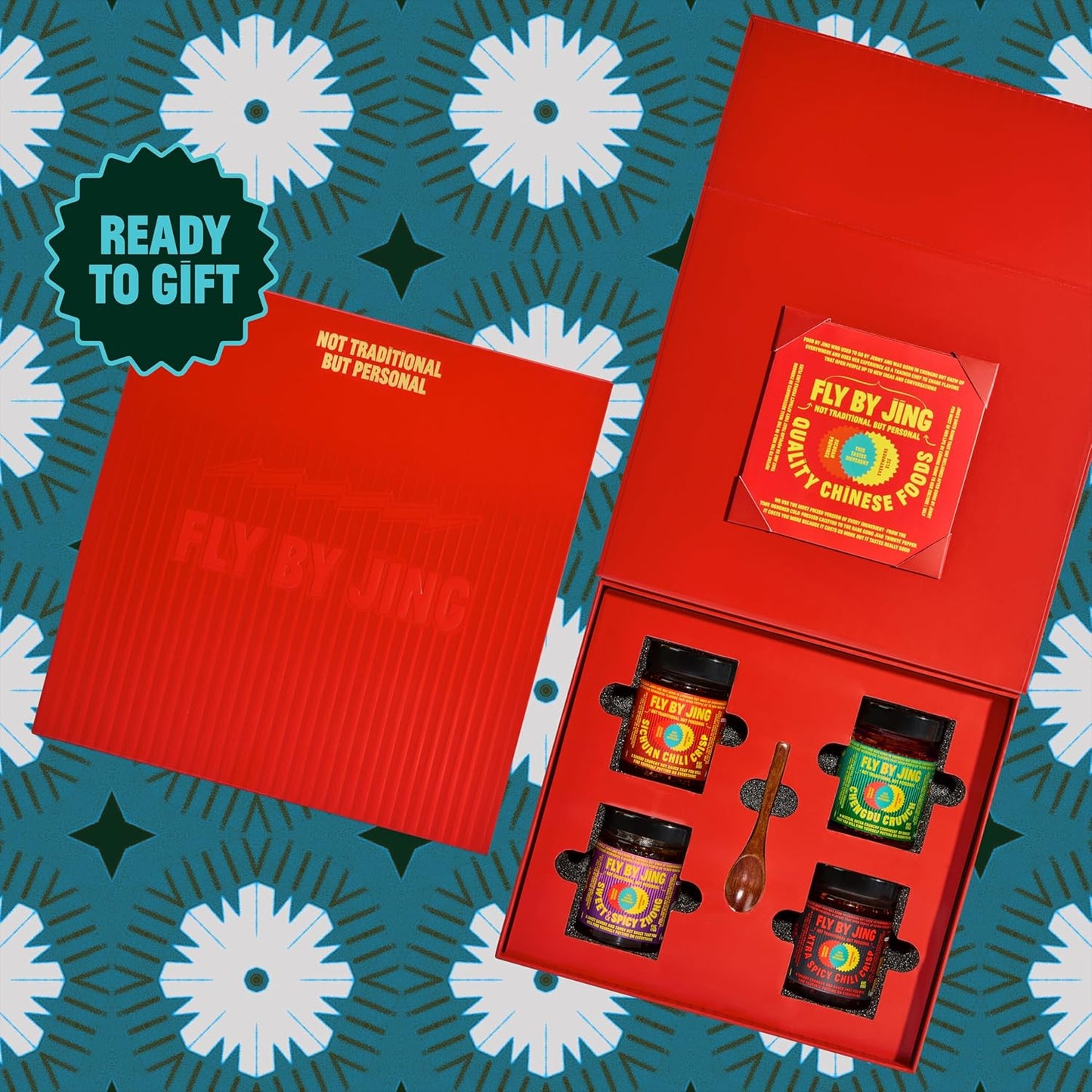 FLYBYJING Gift Set - Premium Branded Box Includes: Sichuan Chili Crisp, Spicy Sweet Chili Sauce, Extra Crunchy Chili Crisp, Xtra Spicy Chili Crisp & Sauce Spoon - Vegan - Perfect Gourmet Gift for Foodies - 6oz (4 Pack)