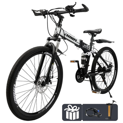 ARTUDATECH Full Suspension Mens Folding Mountain Bike, Shimano 21 Speed, 26 Inch Wheel, Dual Disc Brake Foldable Bike for Men Womens Adult Bicycle