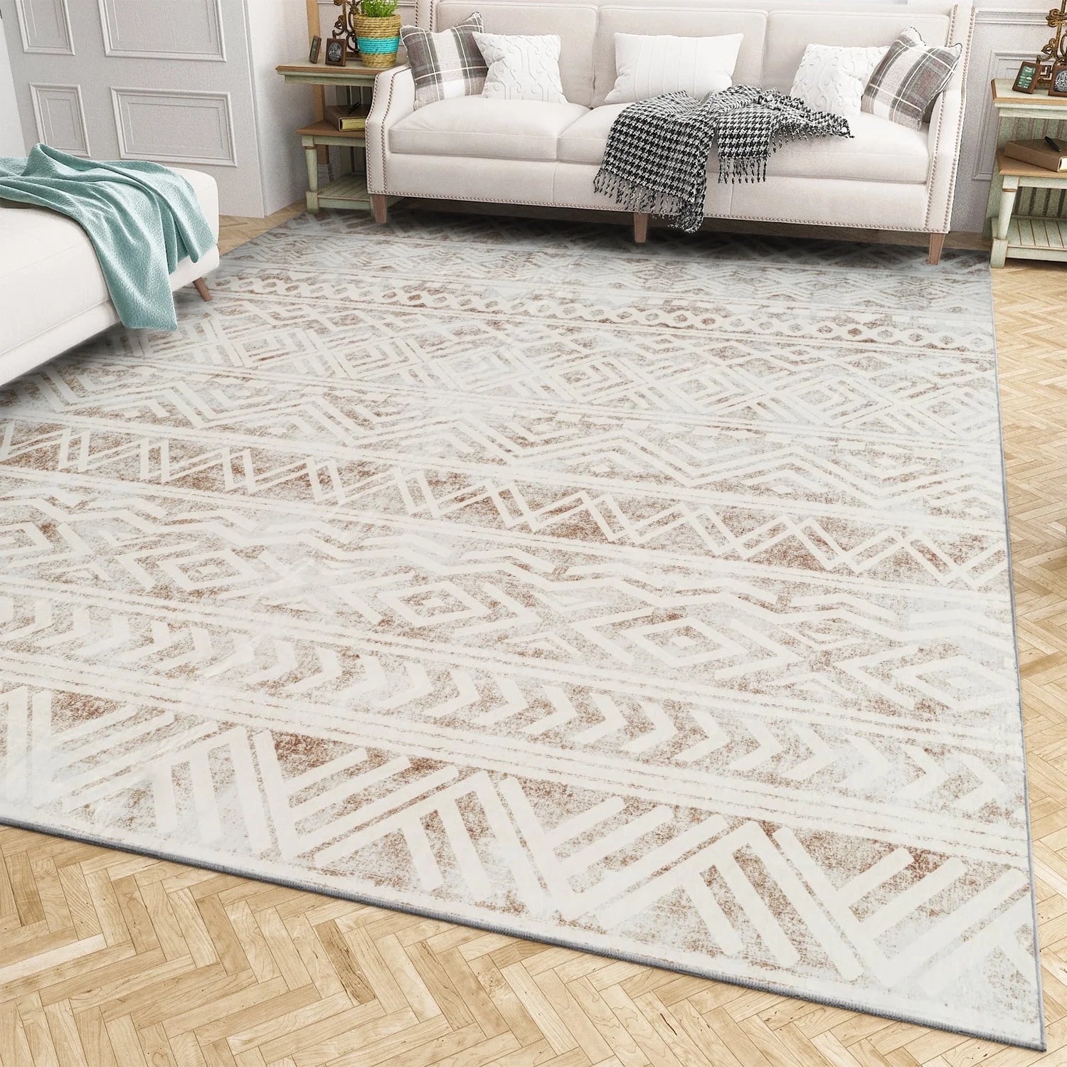 SIXHOME 5'x7' Area Rugs for Living Room Washable Rugs Boho Large Area Rug Modern Geometric Neutral Carpet and Area Rugs for Home Decor Foldable Non Slip Bedroom Rugs Gray