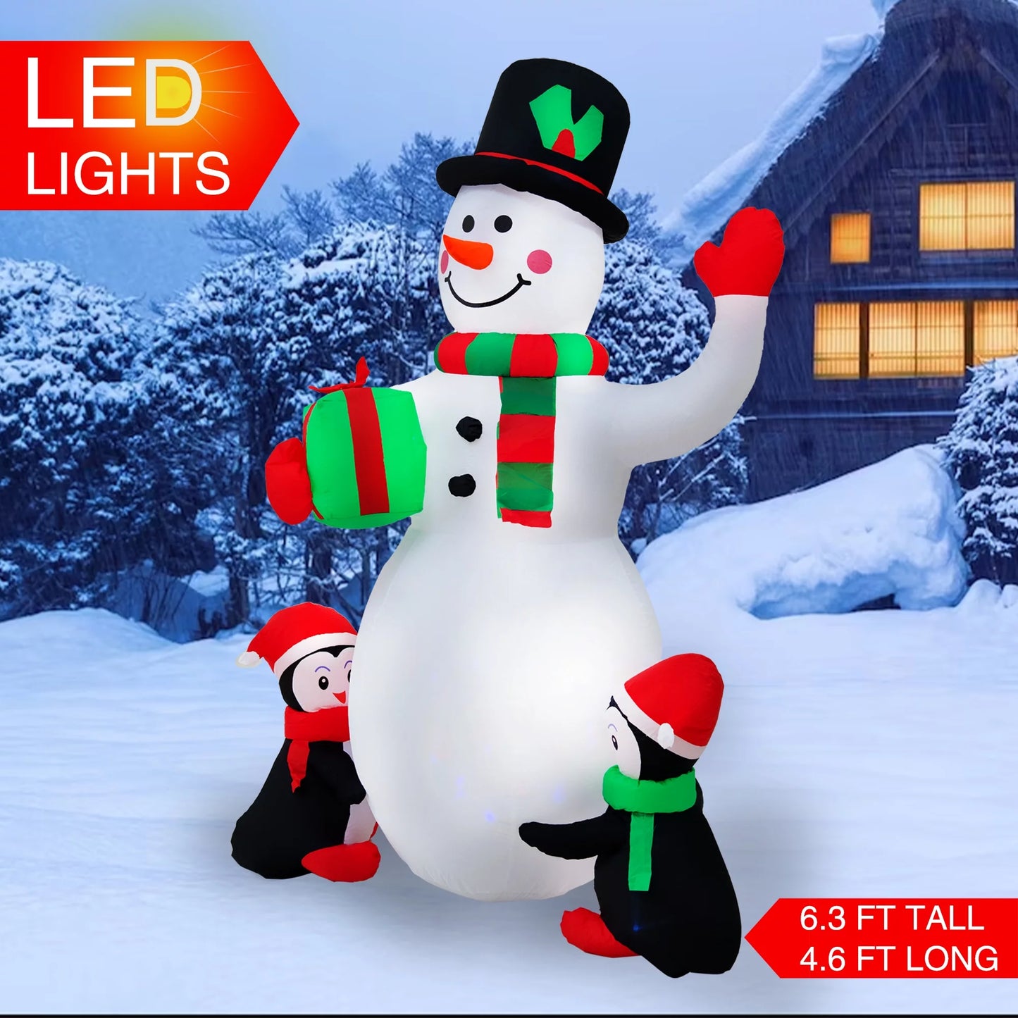 Yexmas 6.3FT Christmas  Inflatable Snowman with Penguins Gift Box, Blowup Christmas Decoration with LED Lights for Holiday/Party/Xmas/Yard/Garden Decorations