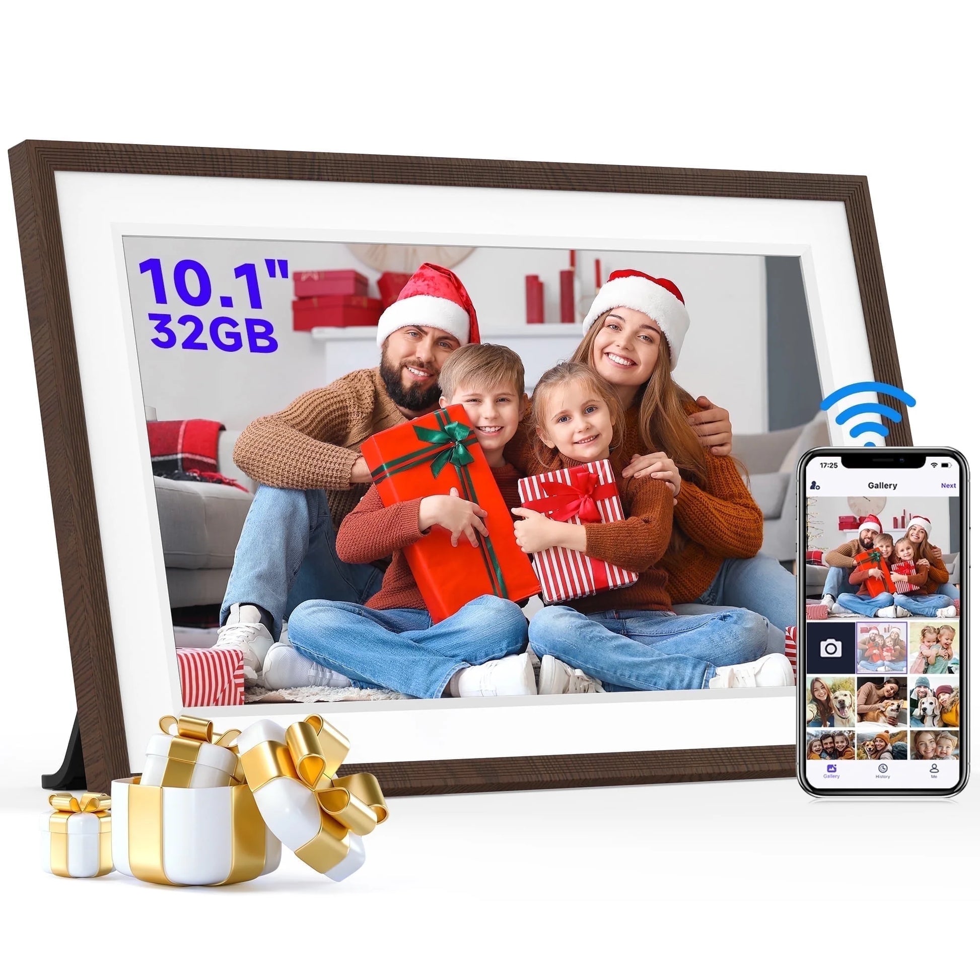 GIROOL Digital Picture Frame WiFi, Electronic Photo Frame with 10.1” IPS Smart Touch Screen, Built-in 32GB Memory, Share Anywhere via Uhale App, Perfect Gift! Woodgrain White