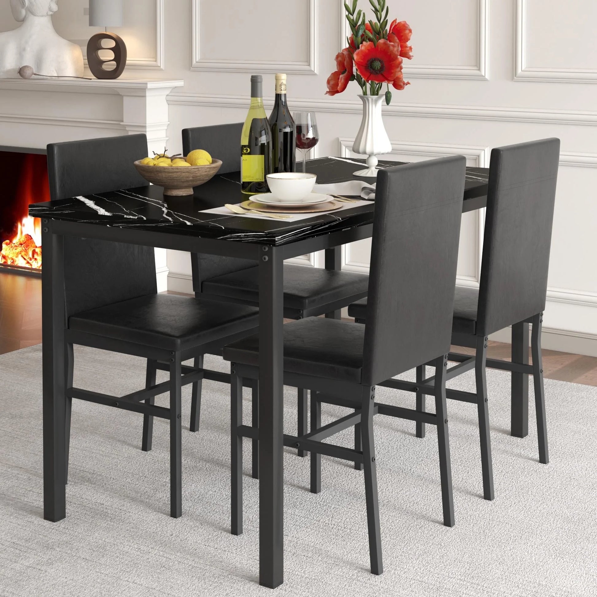 5 Piece Dining Table Set, Modern Faux Marble Tabletop and 4 PU Leather Upholstered Chairs, Rectangle Kitchen Table and Chairs for 4 Persons, Small Dining Set for Bar Dining Room Breakfast Nook