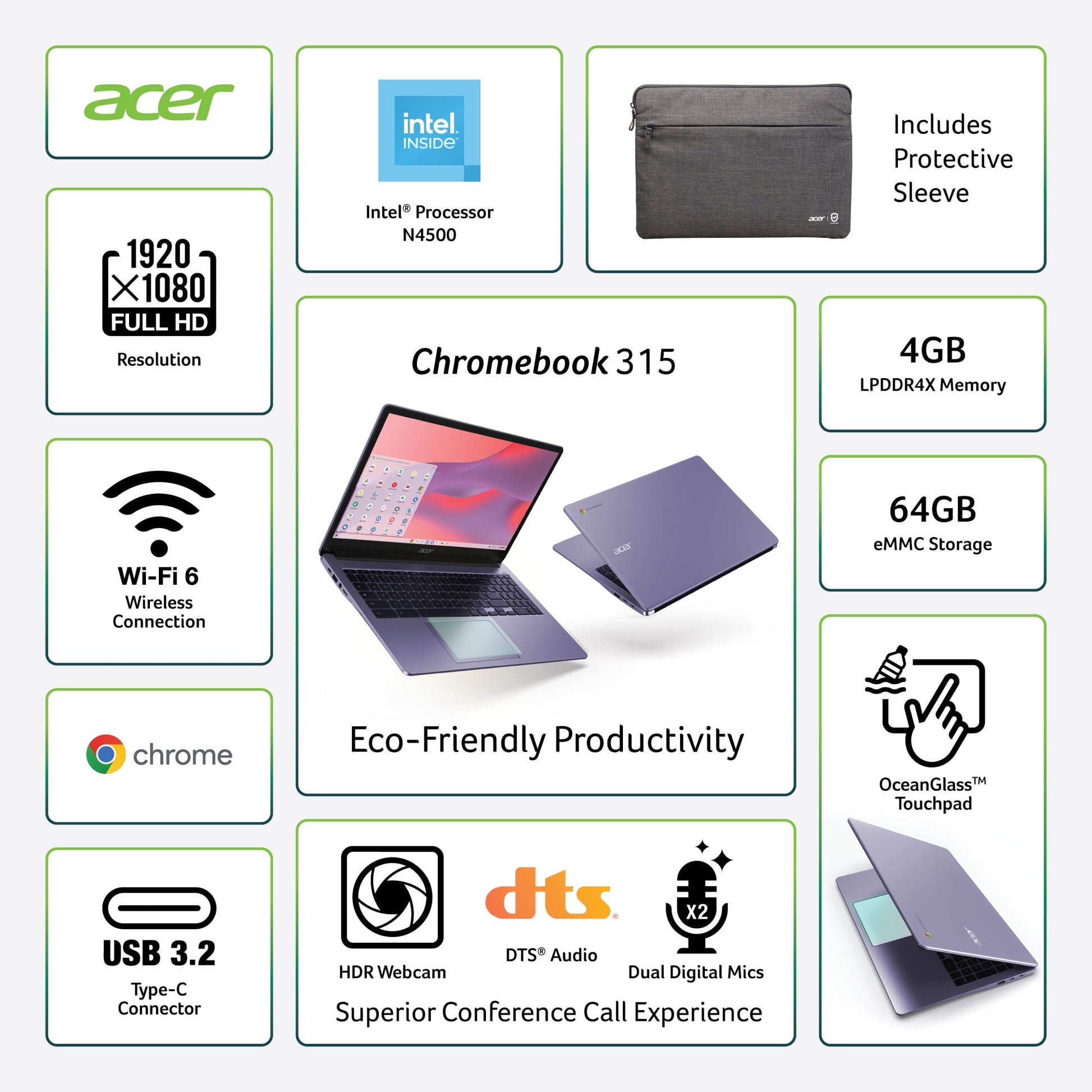 Acer Chromebook 315 15.6 inch Laptop Intel Processor N4500 4GB RAM 64GB eMMC Moonstone Purple