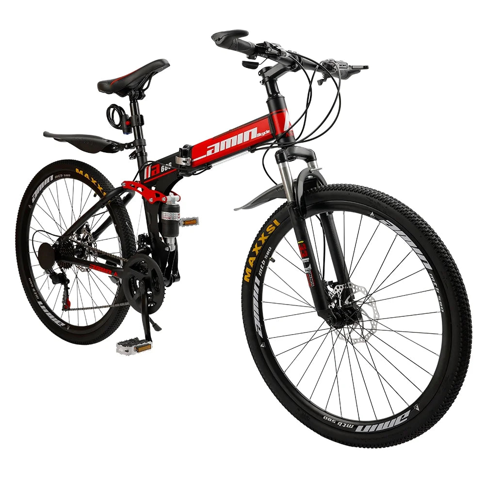 ARTUDATECH Full Suspension Mens Folding Mountain Bike, Shimano 21 Speed, 26 Inch Wheel, Dual Disc Brake Foldable Bike for Men Womens Adult Bicycle