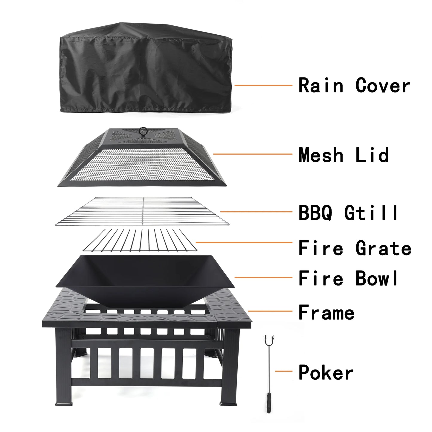 Fire Pits for Outside, 32" Wood Burning Fire Pit Tables with Screen Lid, Poker, BBQ Net, Ice Tray, Food Clip and Cover, Backyard Patio Garden Outdoor Fire Pit/Ice Pit/BBQ Fire Pit, Black