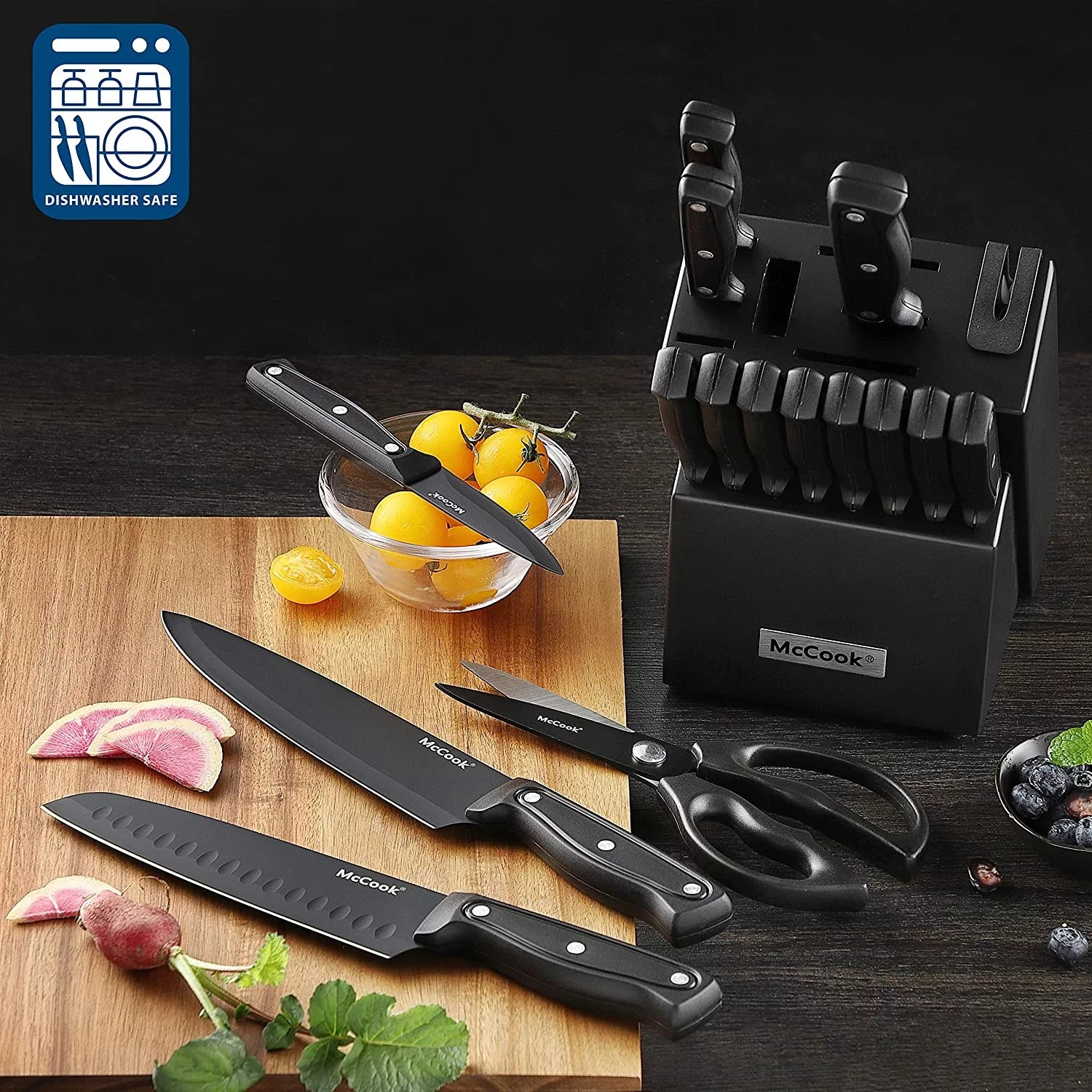 McCook DISHWASHER SAFE MC701 black Knife Sets of 26, Stainless Steel Kitchen Knives Block Set with Built-in Knife Sharpener,Measuring Cups and Spoons