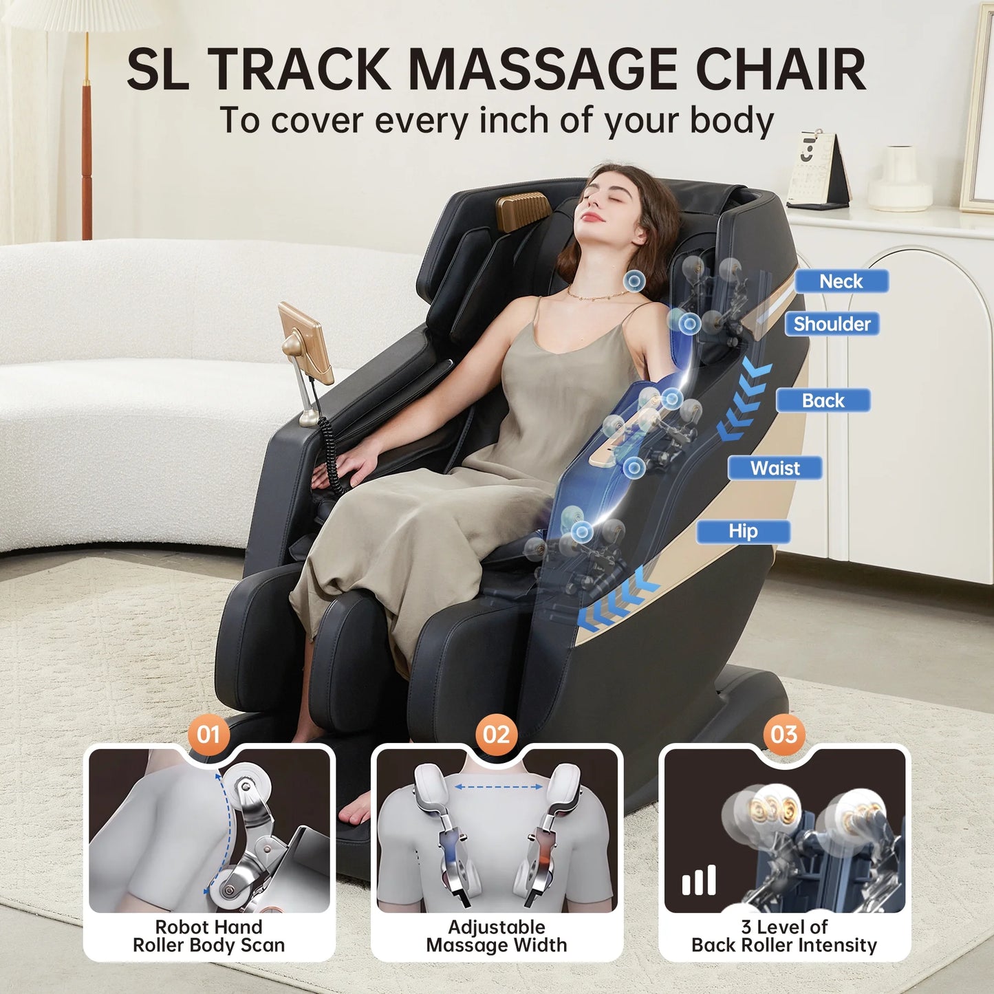 Real Relax 3D Massage Chair, Full Body Zero Gravity Recliner with SL Track, Yoga Stretching, Foot Rollers, Bluetooth, Heating, Black