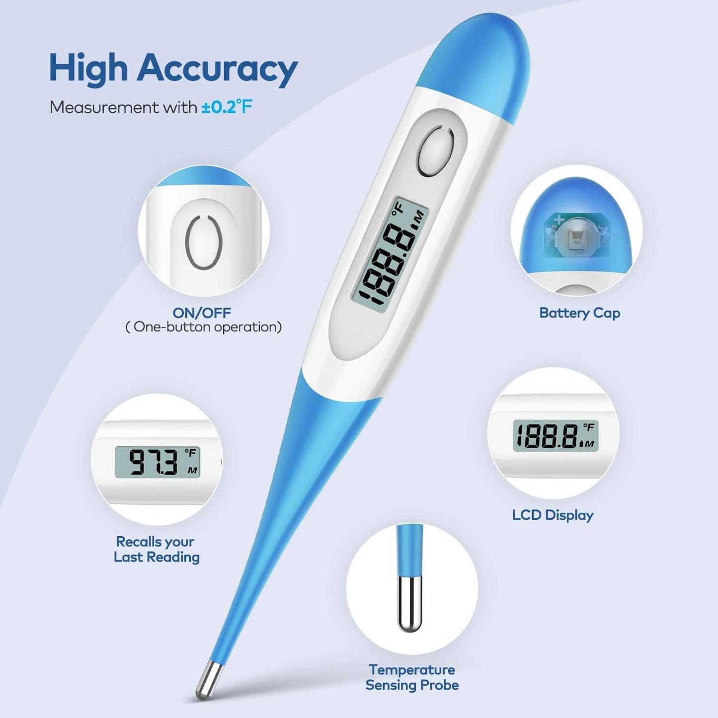 Boncare Thermometer for Adults, Digital Oral Thermometer for Fever with 10 Seconds Fast Reading (Light Blue)