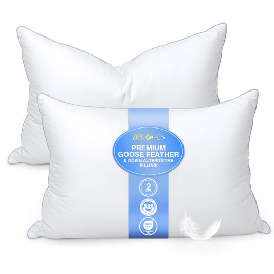 zibroges Goose Feather Pillow Queen Size Pack of 2 - Down Hotel Bed Pillows for Sleeping, Soft 600 Thread Count Cotton Cover, Fluffy Support Surround Fill Polyester for Back, Stomach, Side Sleepers