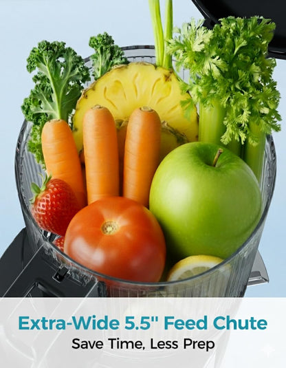 Cold Press Juicer Machines, EUHOMY 5.5" Wide Feed Chute, Slow Masticating Juicer for Whole Vegetables and Fruits, 99.6% High Juice Yield, Easy to clean, Juicer Machines with BPA Free, Black