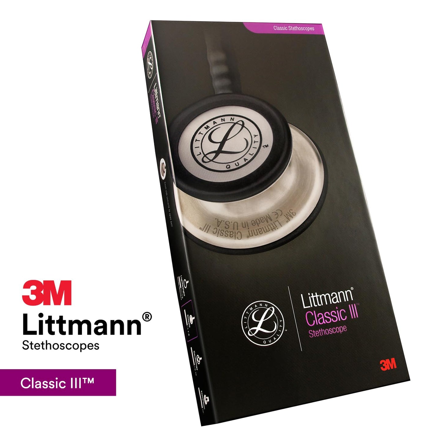 3M Littmann Classic III Monitoring Stethoscope, 5620, More Than 2X as Loud*, Weighs Less**, Stainless Steel Chestpiece, 27" Black Tube